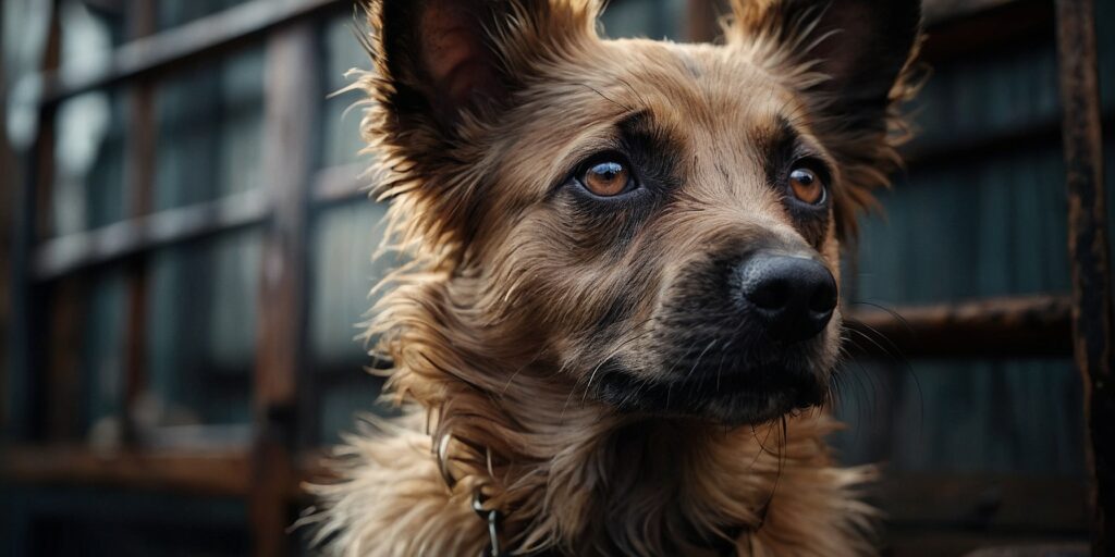 Un chiot regarde la caméra avec un regard triste, assis devant une maison abandonnée.