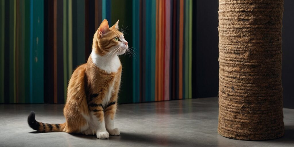 Un chat jouant sur un arbre à chat évolutif avec un tunnel et des plateformes à différentes hauteurs. Il est en train de grimper sur un poteau recouvert de sisal et de jouer avec un jouet suspendu. Un chat jouant sur un arbre à chat évolutif avec un tunnel et des plateformes à différentes hauteurs. Il est en train de grimper sur un poteau recouvert de sisal et de jouer avec un jouet suspendu.