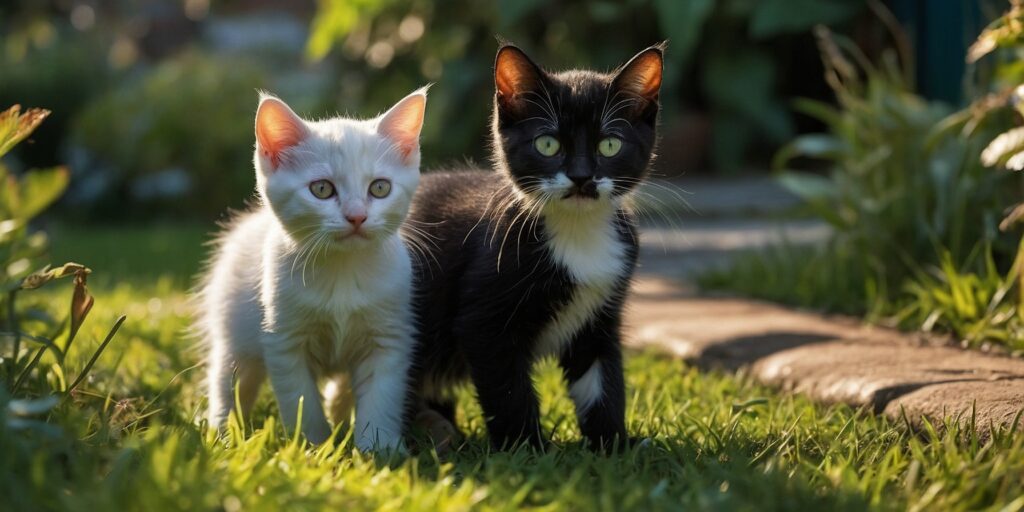 Une photo de chats jouant ensemble dans un jardin ensoleillé. Une photo de chats jouant ensemble dans un jardin ensoleillé.