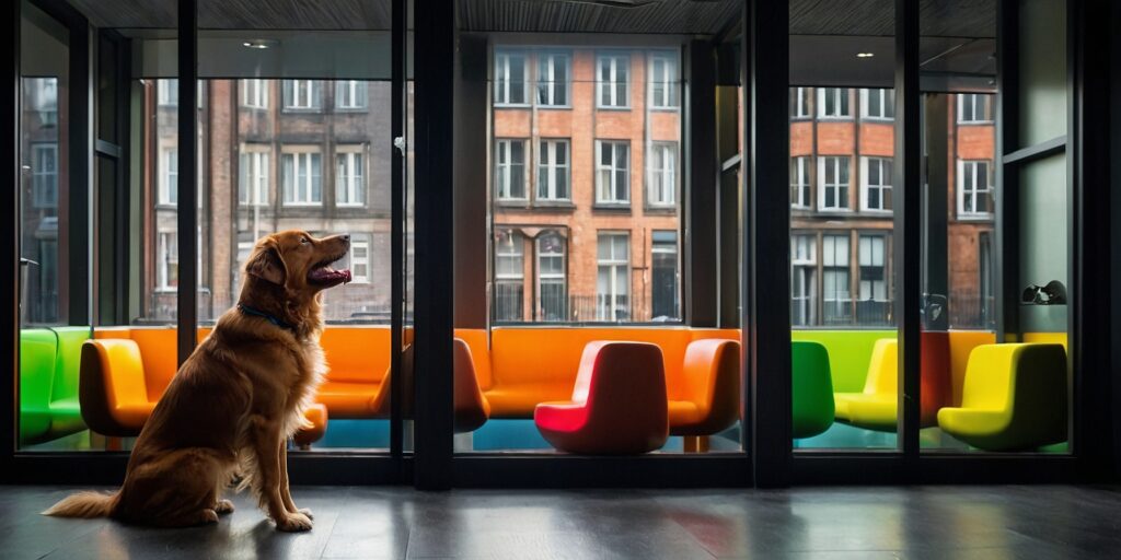 Un chien heureux mangeant ses croquettes avec une étiquette visible.