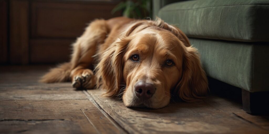 Une image d'un chien détendu pendant que son propriétaire lui caresse les pattes