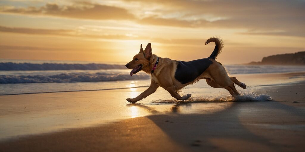 Un chien heureux courant sur la plage, la queue battant joyeusement, avec un maître souriant à ses côtés.