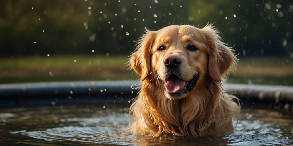 Une photo d'un chien prenant un bain avec un shampoing adapté à son pelage.